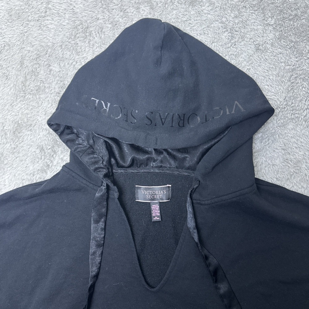 Victorias Secret Womens M Black Cropped Hoodie Pullover‎ Sweatshirt Cotton Blend - Picture 4 of 10